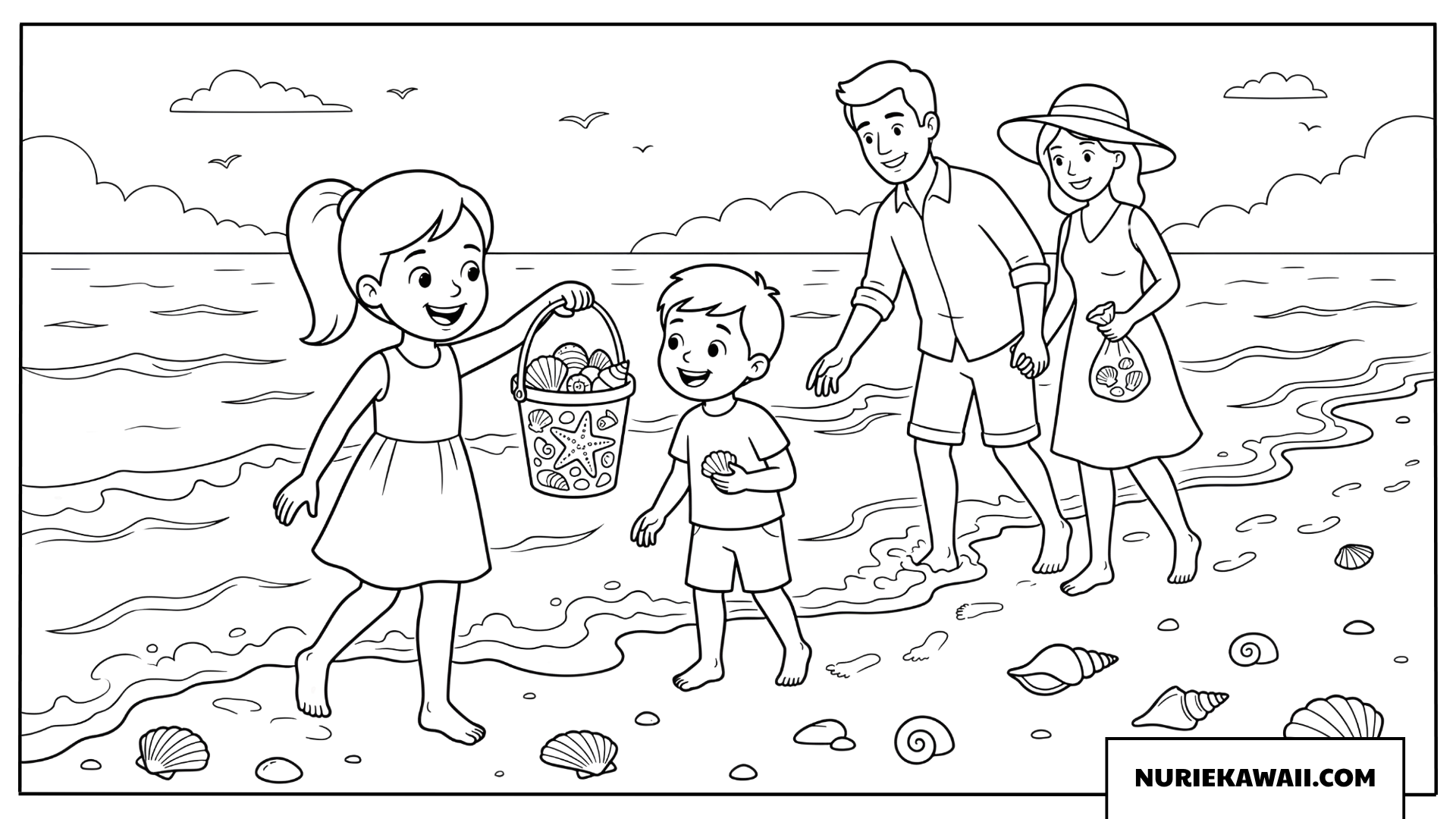 波打ち際を歩きながら家族で貝殻拾いを楽しむ夏の塗り絵