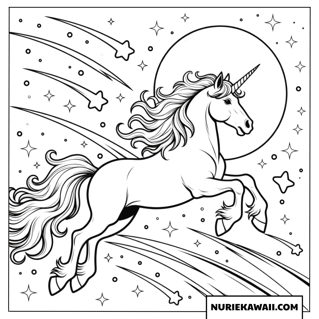 流れ星と空飛ぶユニコーンの塗り絵