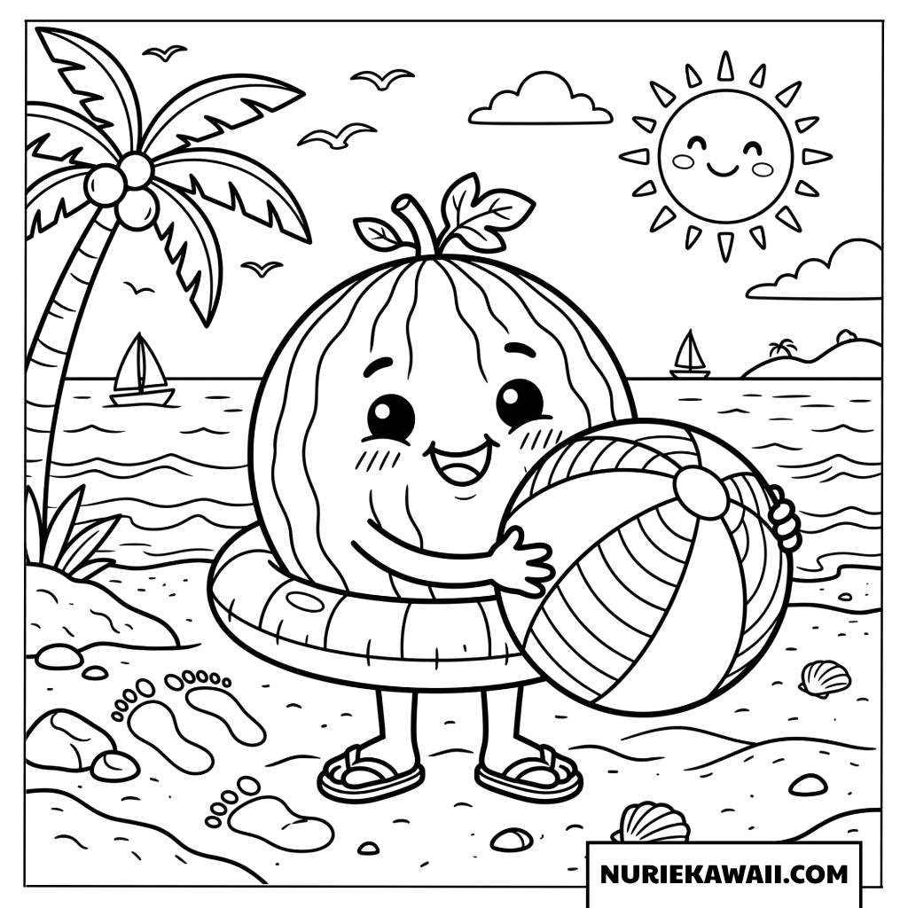 浮き輪を持って海辺に立つスイカ君の塗り絵