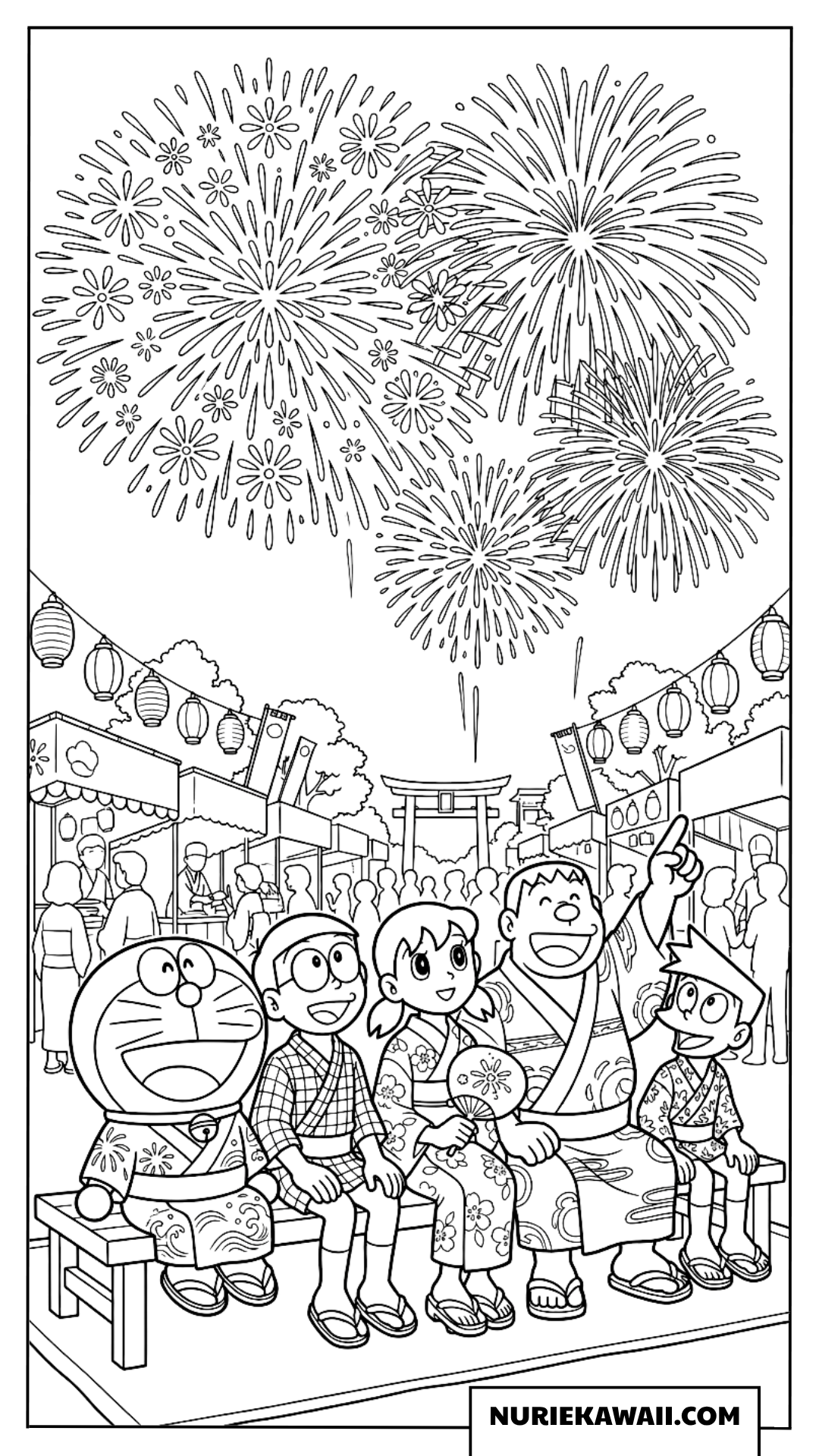 浴衣を着て夏祭りの打ち上げ花火を楽しむ仲間たちの塗り絵