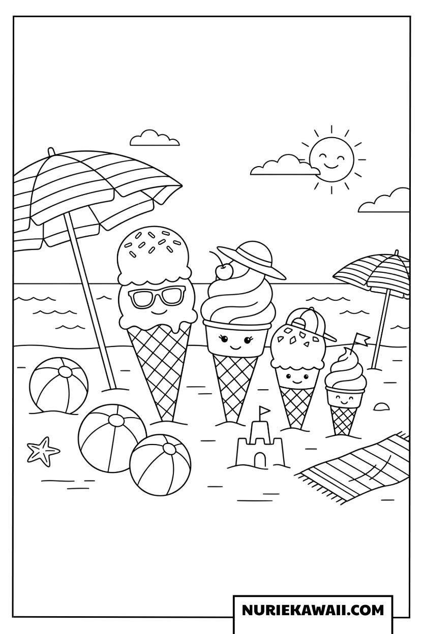 海辺で夏休みを楽しむアイスクリーム家族の塗り絵