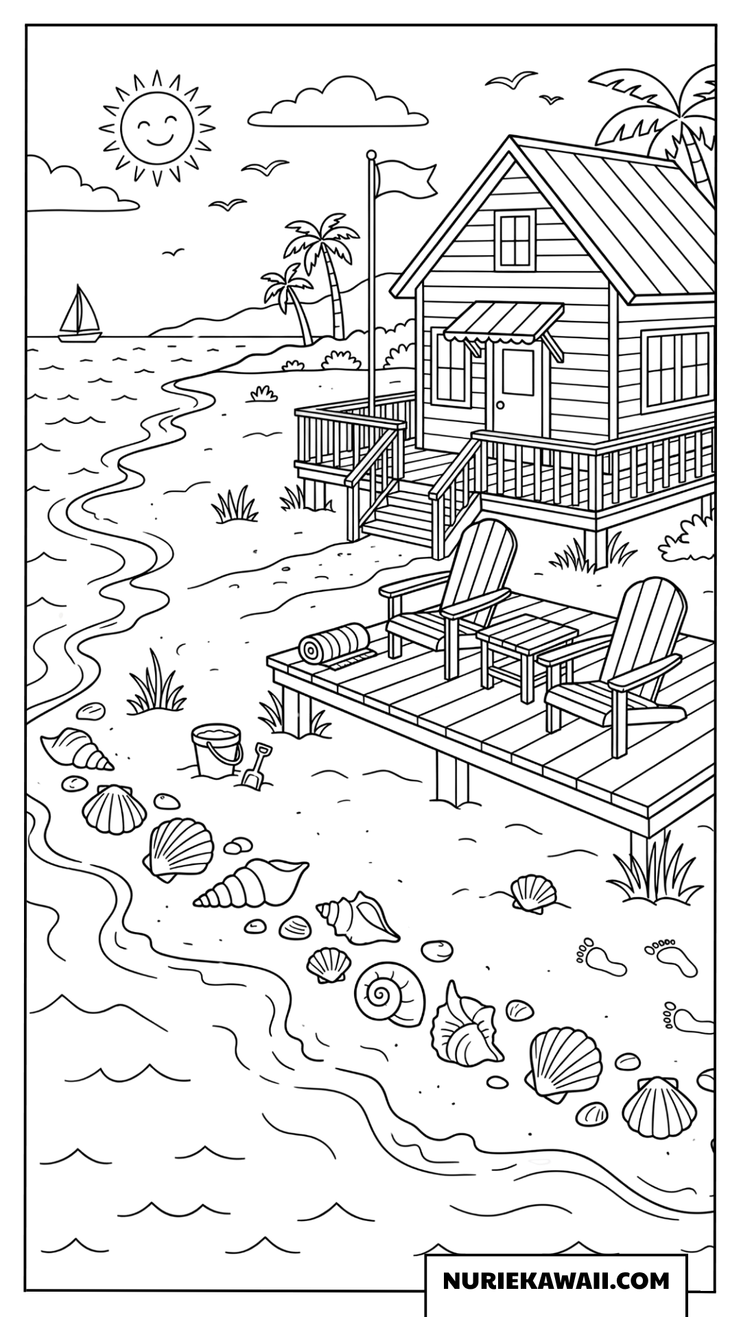 海辺のコテージと砂浜の貝殻のビーチ塗り絵