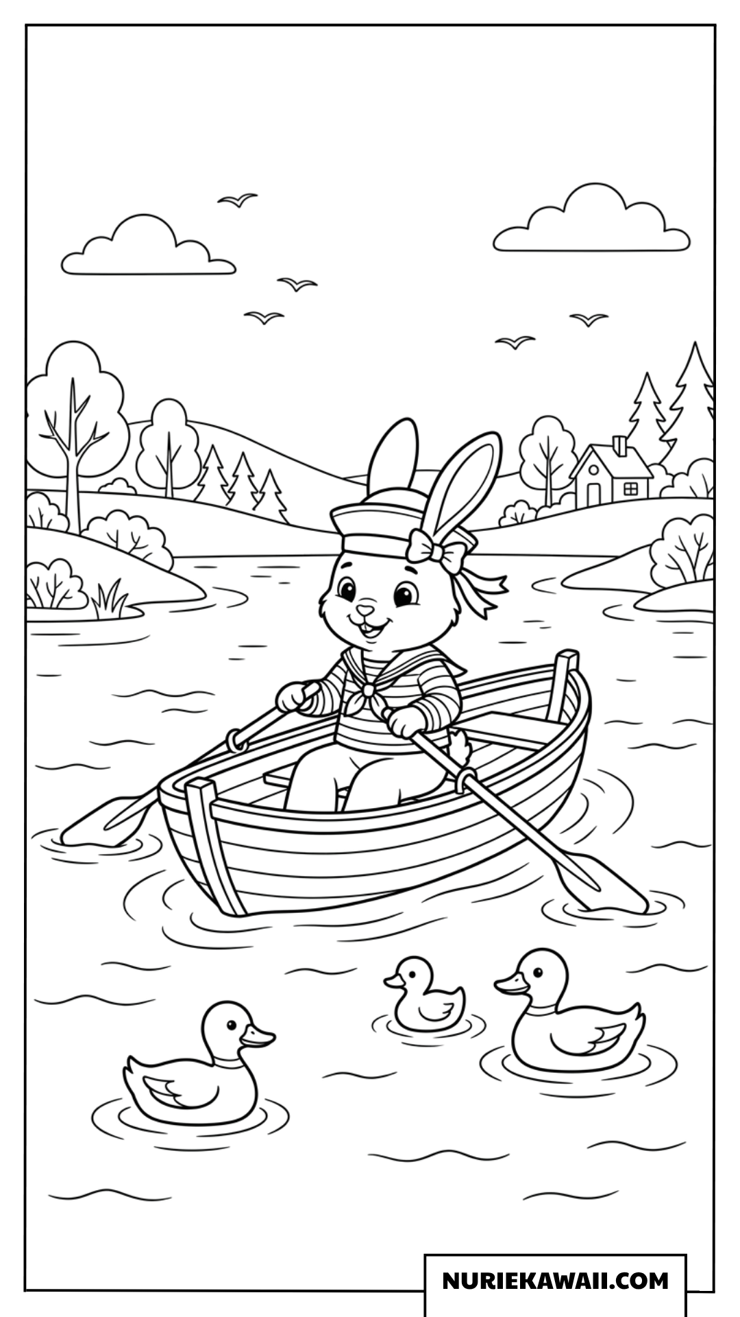 湖でボートを漕ぐうさぎの塗り絵