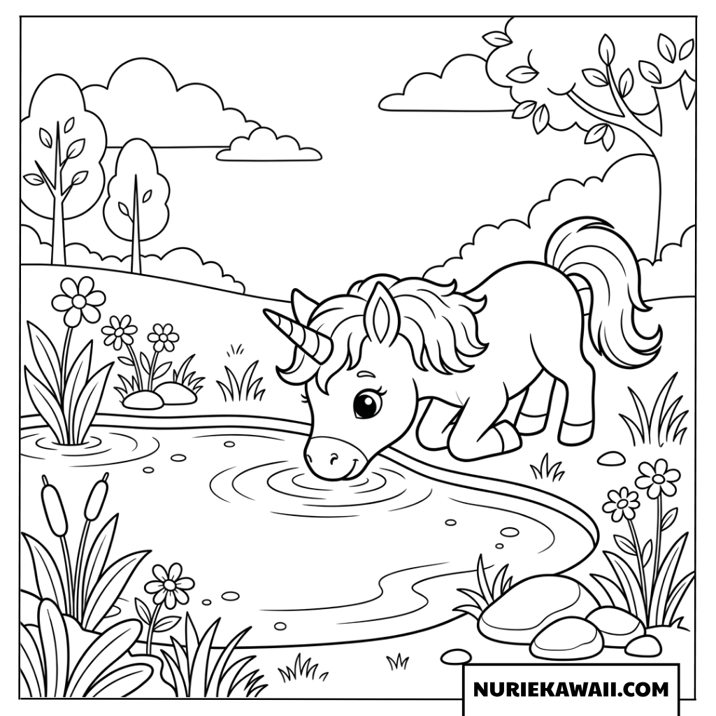湖のほとりで水を飲む子ユニコーンの塗り絵