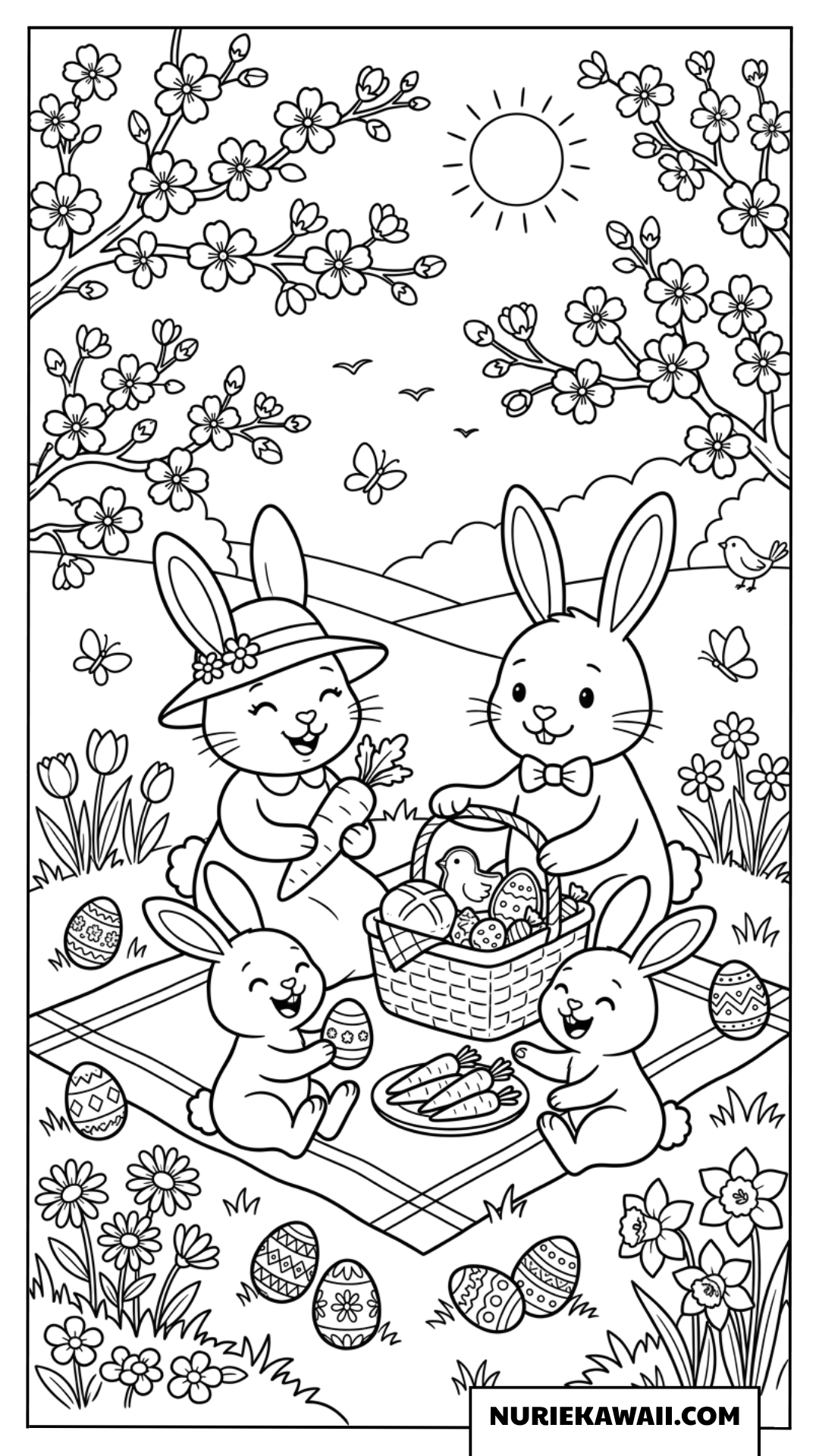 満開の春の花の下でピクニックを楽しむうさぎ家族の塗り絵
