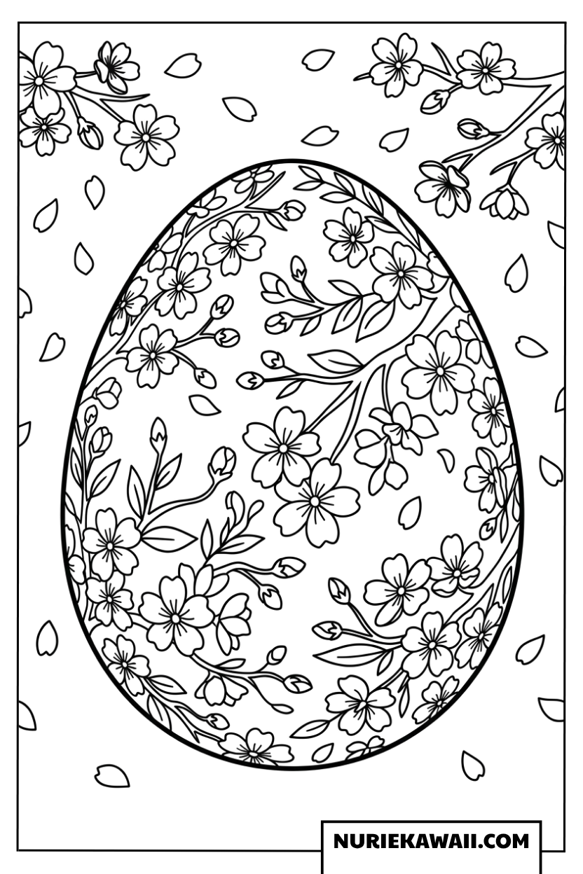 満開の桜と舞い落ちる花びらが美しいイースターエッグの塗り絵