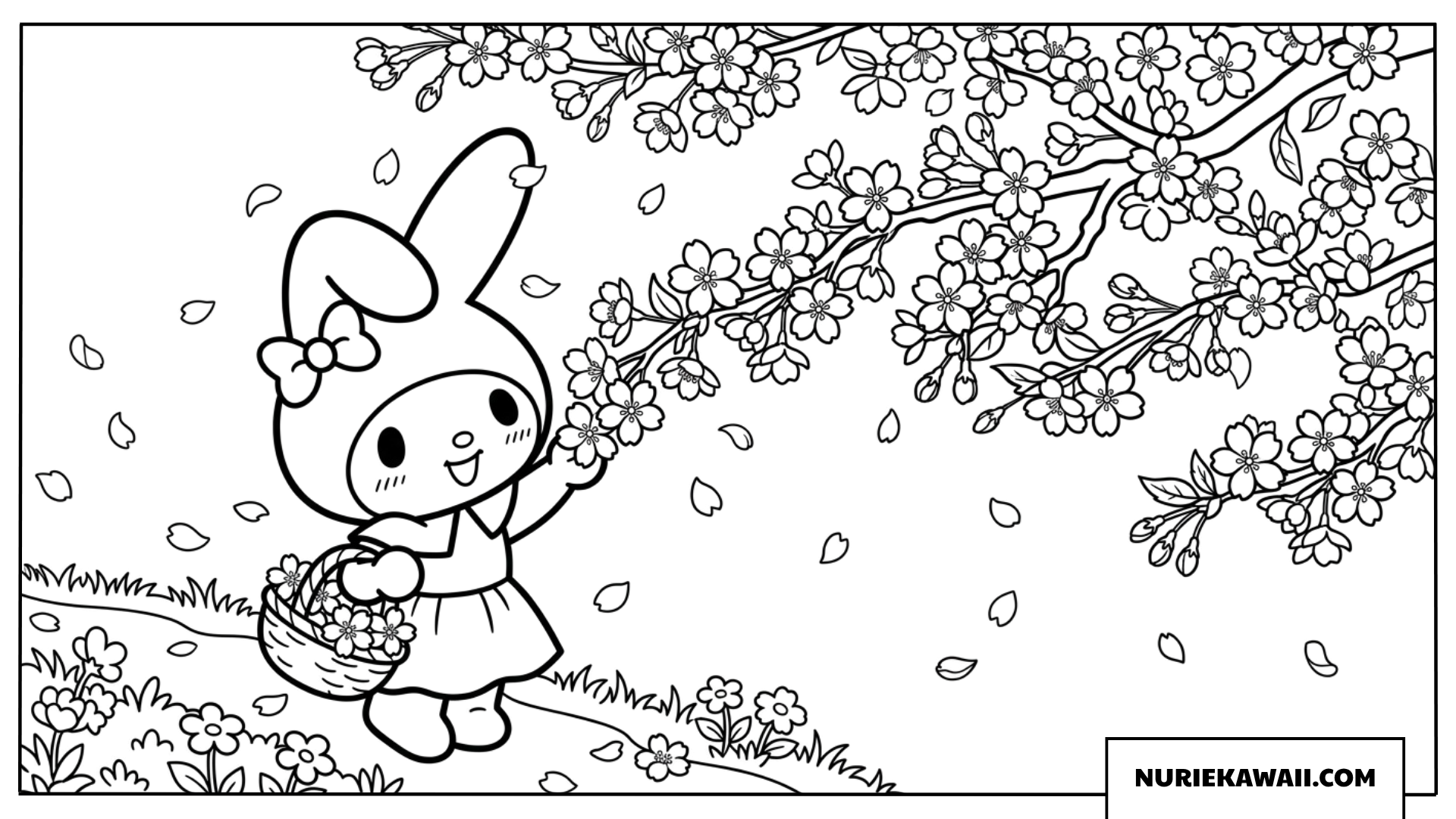 満開の桜の下でお花摘みをするマイメロディの塗り絵