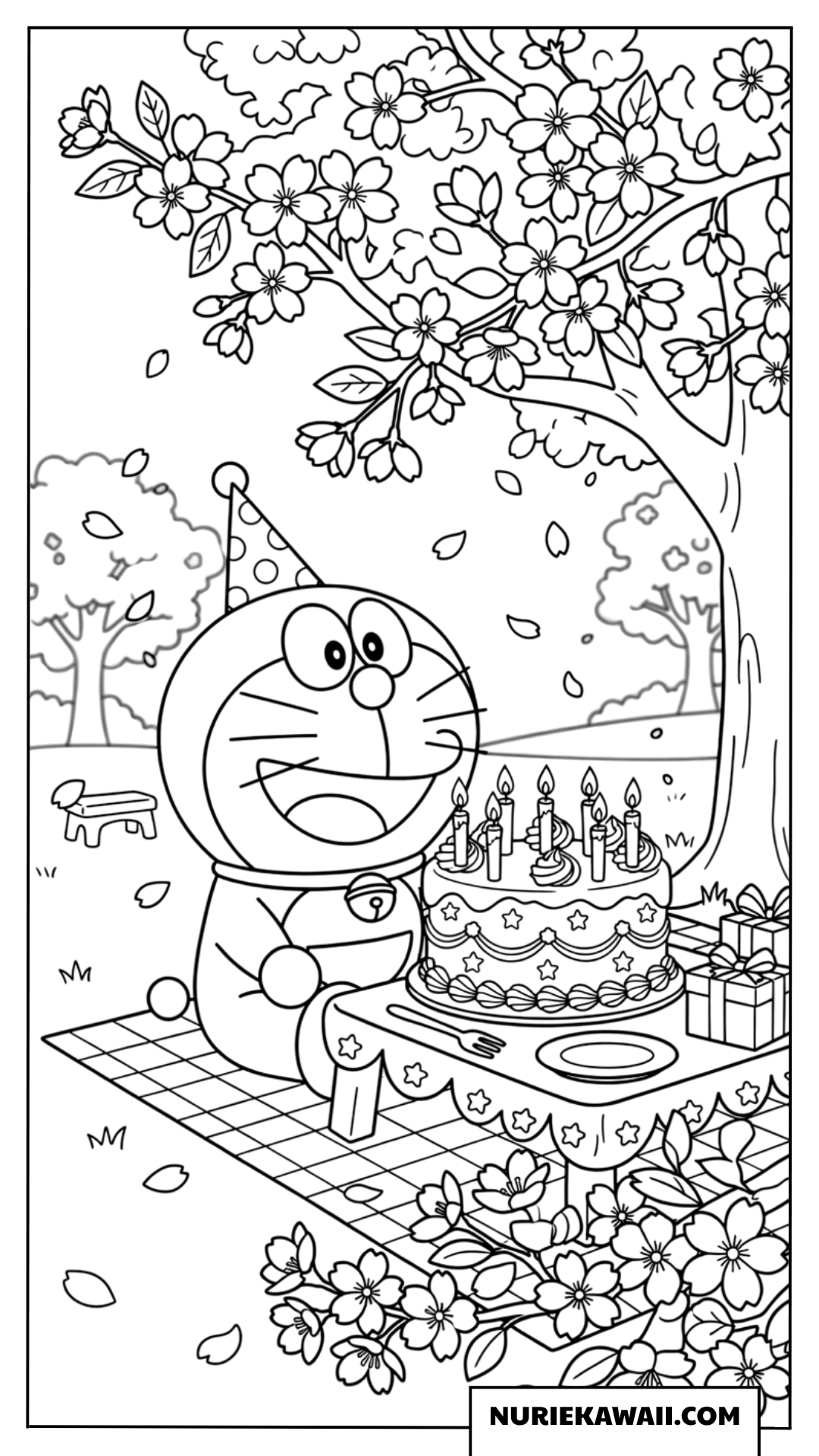 満開の桜の下でバースデーケーキを楽しむドラえもんの塗り絵