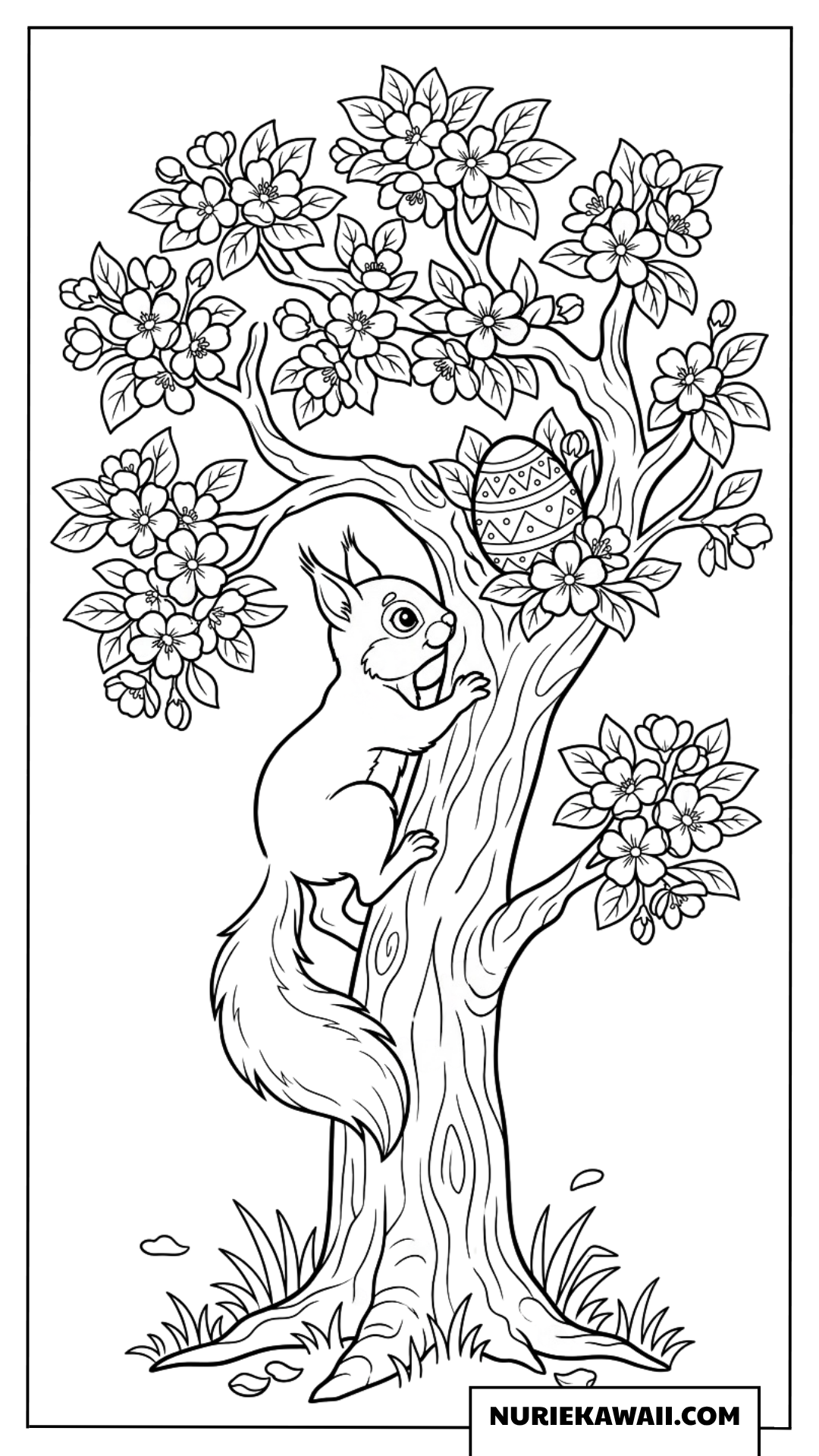 満開の花の木とイースターエッグを探すリス 塗り絵