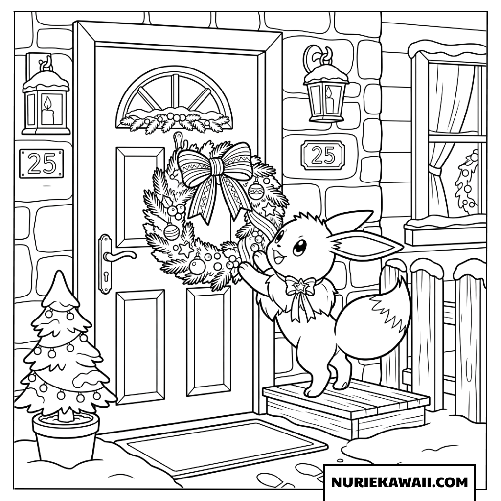 玄関のドアにクリスマスリースを飾るイーブイの塗り絵