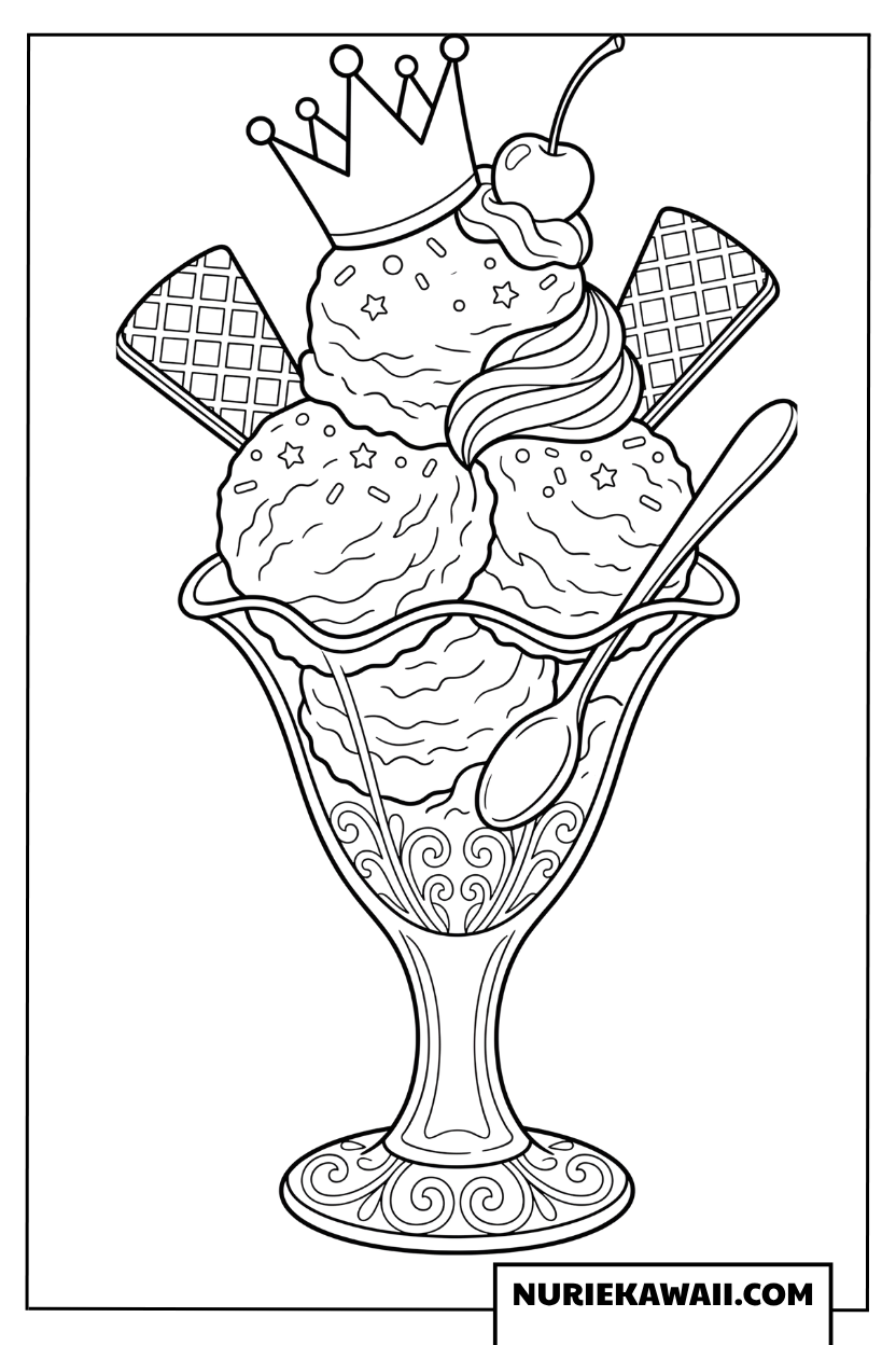 王冠とチェリーがのった豪華なパフェの塗り絵