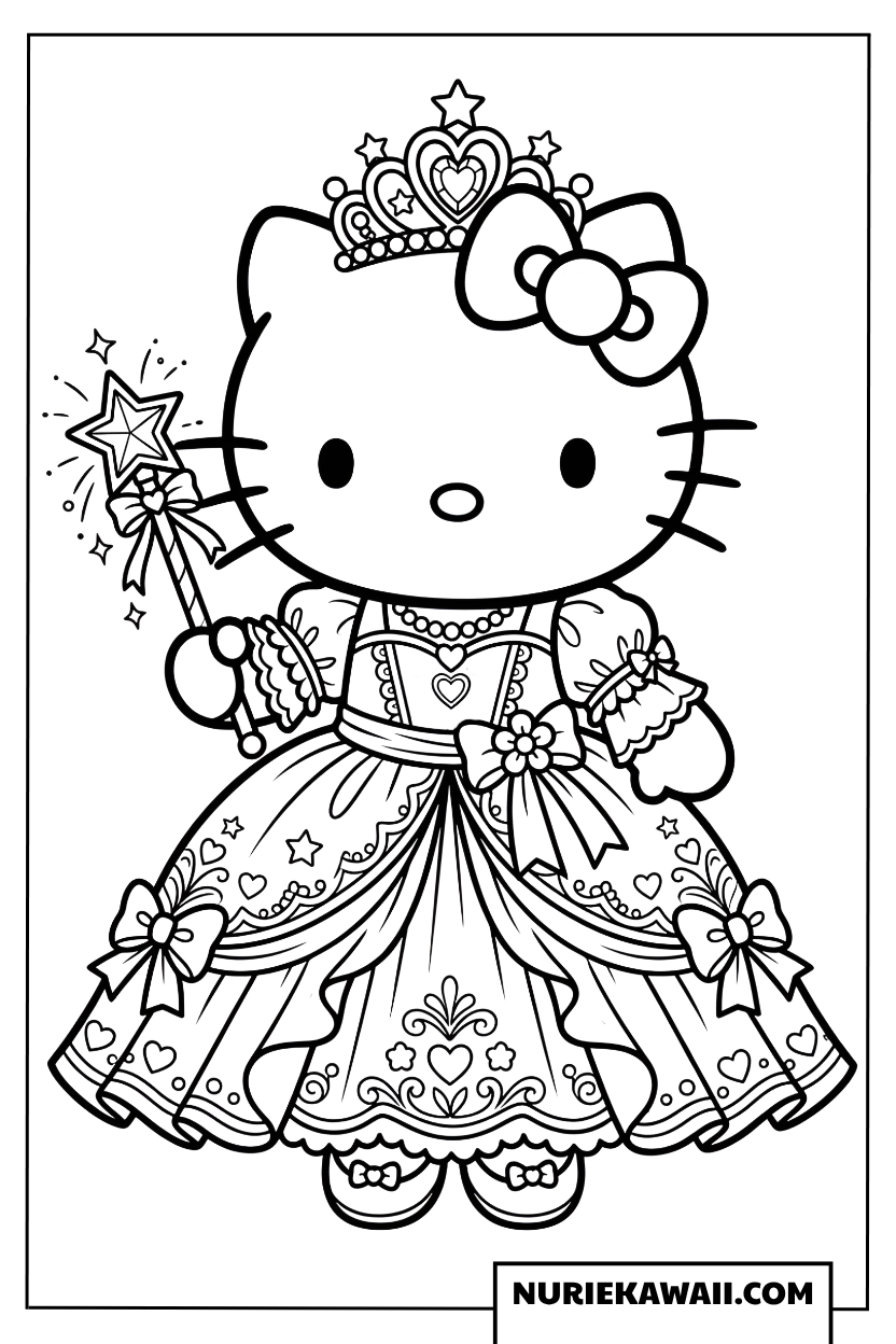 王冠と魔法の杖を持ったプリンセスハローキティの塗り絵