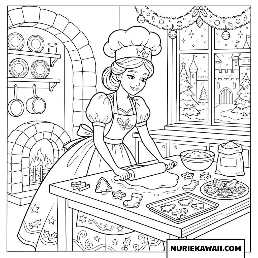 王室の台所でクリスマスのジンジャーブレッドを作るお姫様の塗り絵