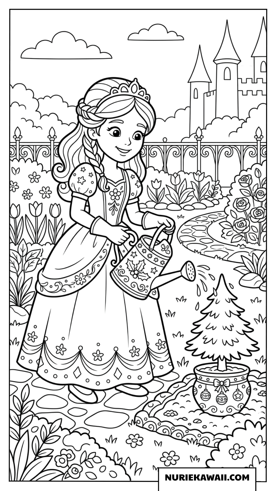王宮の庭で小さなクリスマスツリーの鉢植えにじょうろで水をあげるお姫様の塗り絵