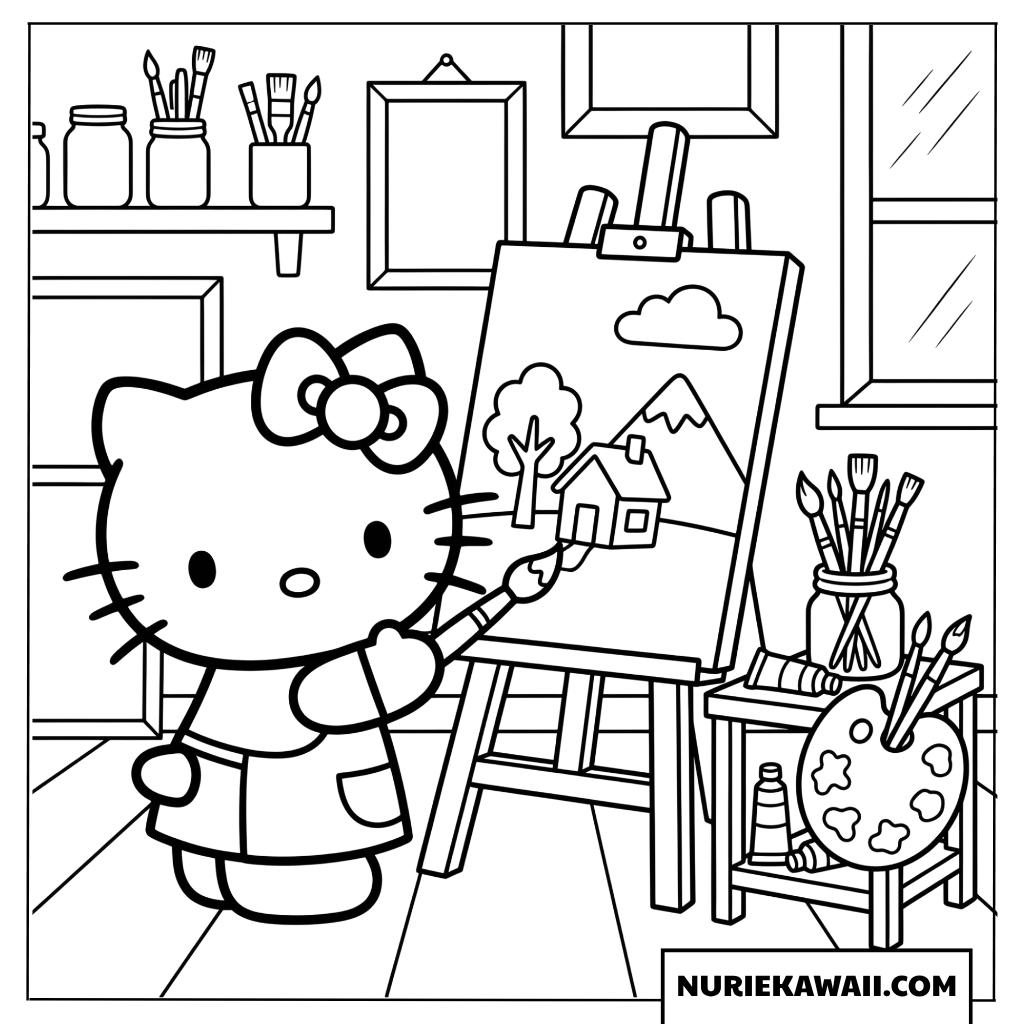 画家になって景色を描くハローキティの塗り絵