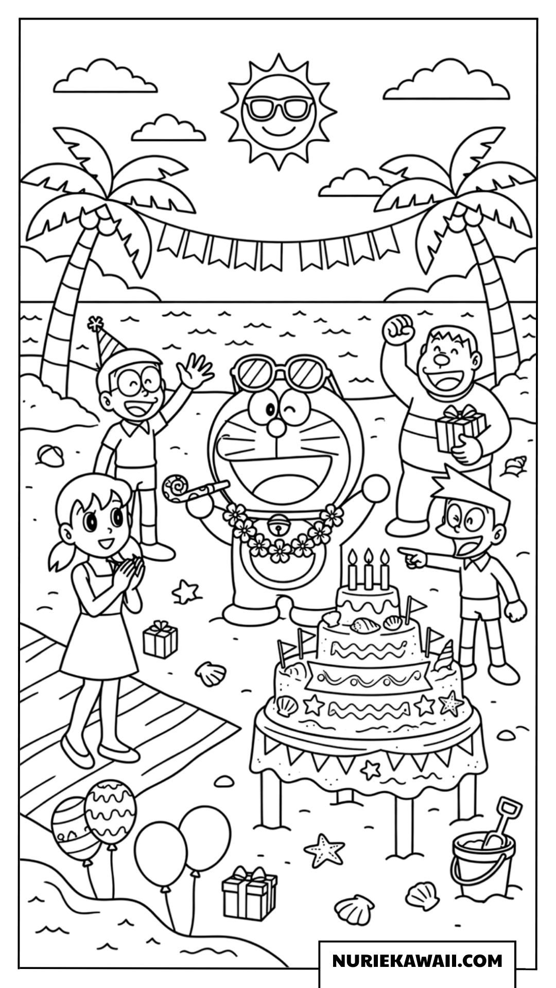 真夏のビーチでのび太たちと誕生日パーティーを楽しむドラえもんの塗り絵