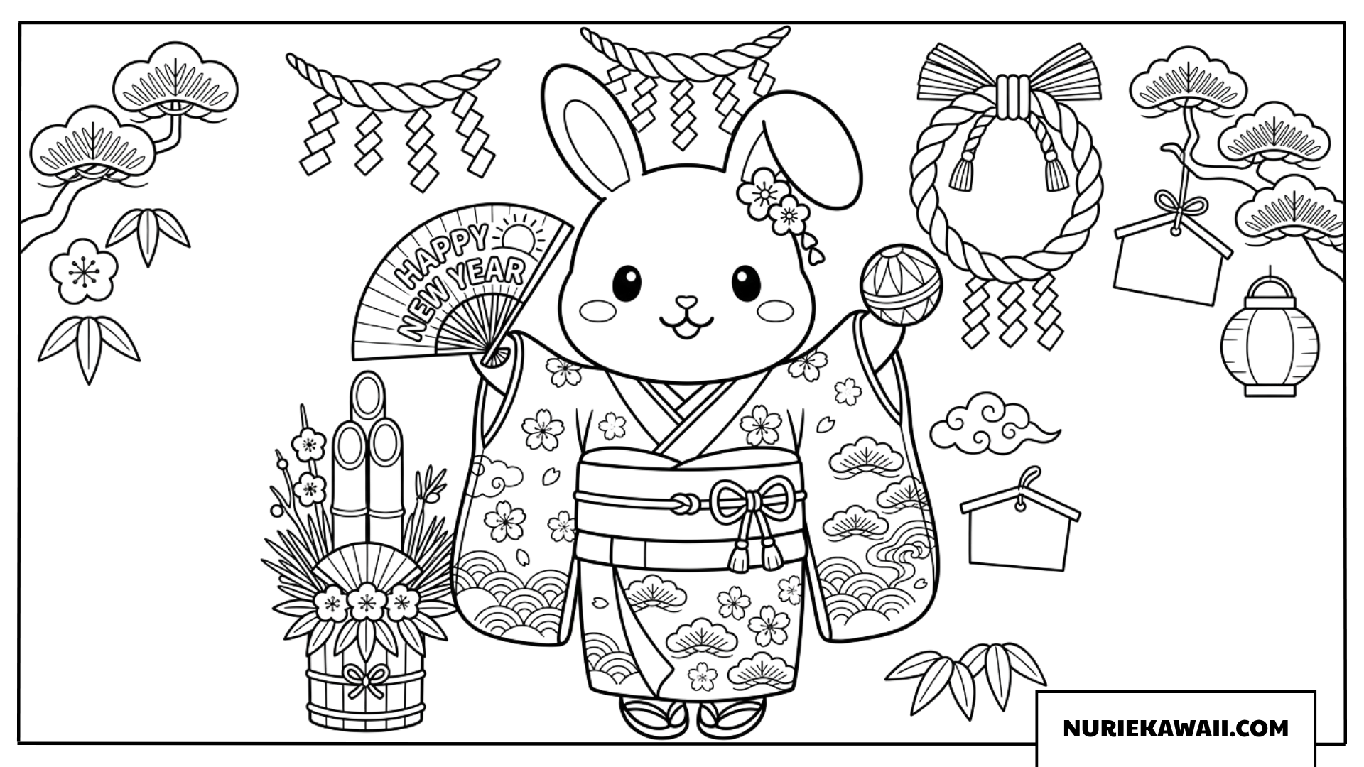 着物を着たうさぎの塗り絵