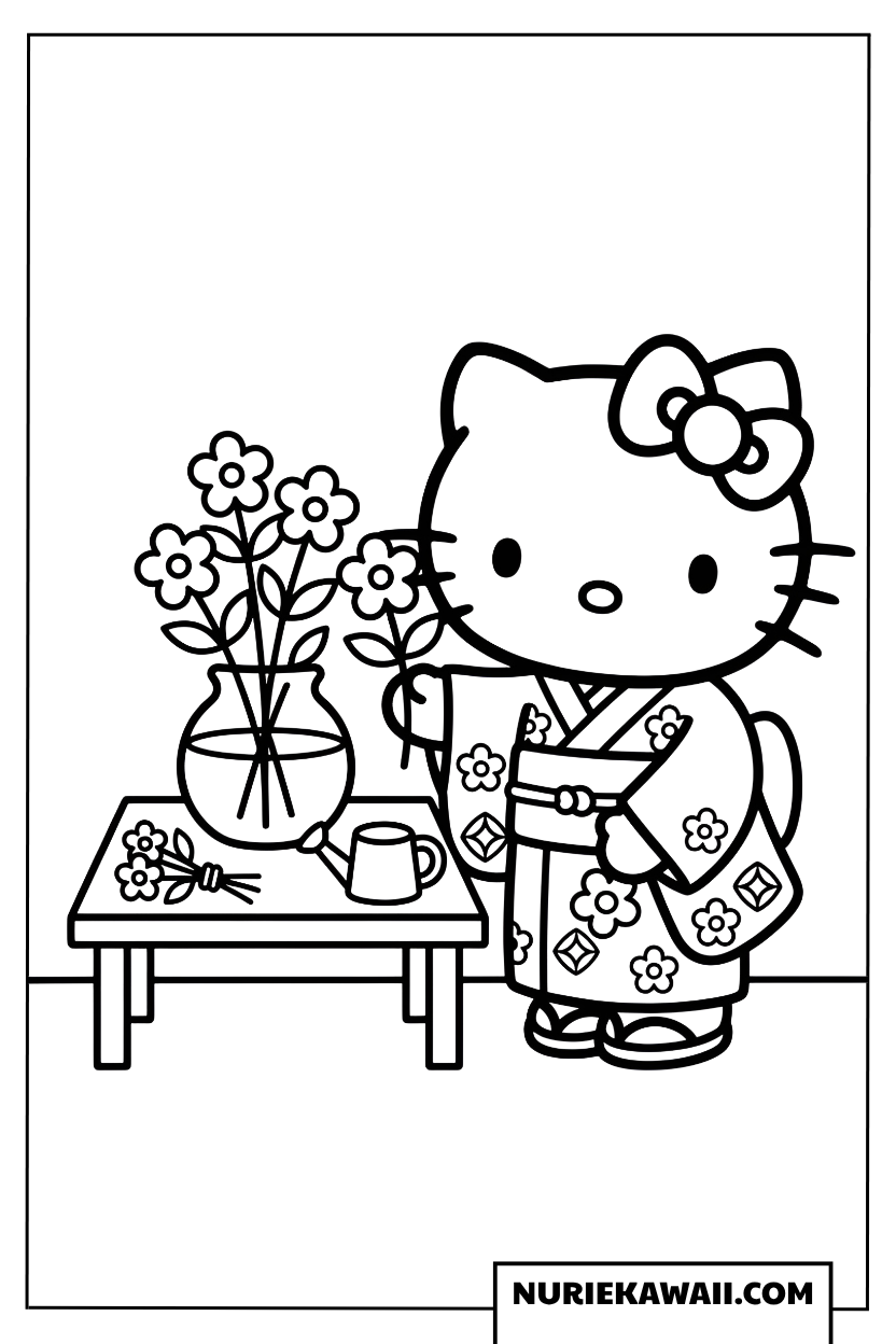 着物姿で生け花を楽しむハローキティの塗り絵