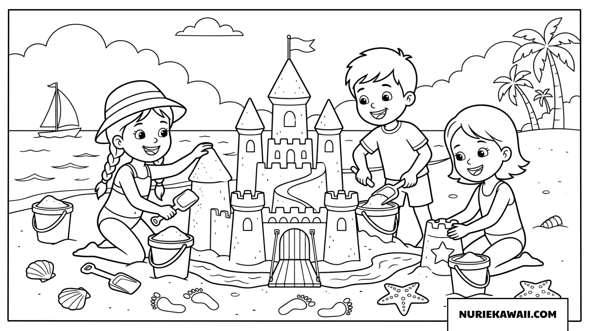 砂浜で大きな砂の城を一生懸命に作る子供たちの塗り絵
