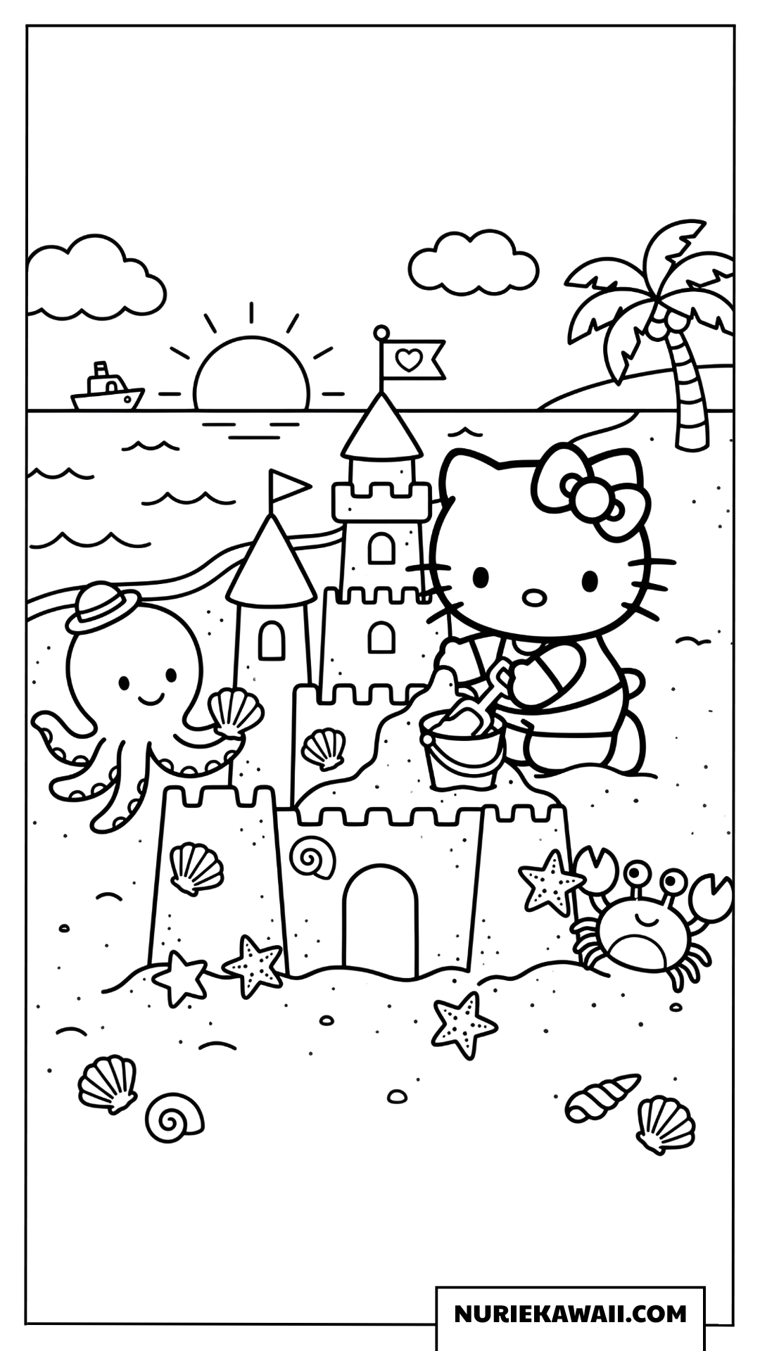 砂浜で砂の城を作るハローキティの塗り絵