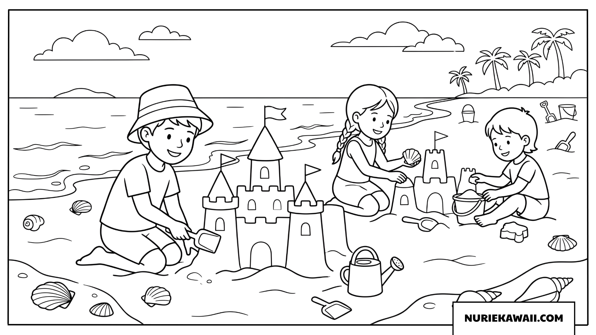 砂浜で立派な砂の城を作って遊ぶ子供たちの海辺の塗り絵