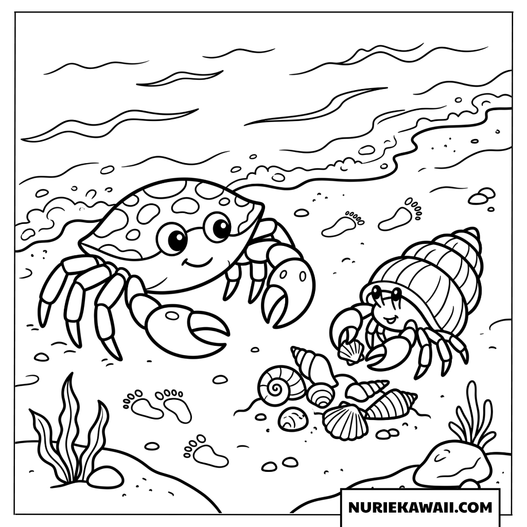 砂浜で貝殻と遊ぶカニとヤドカリの楽しい塗り絵
