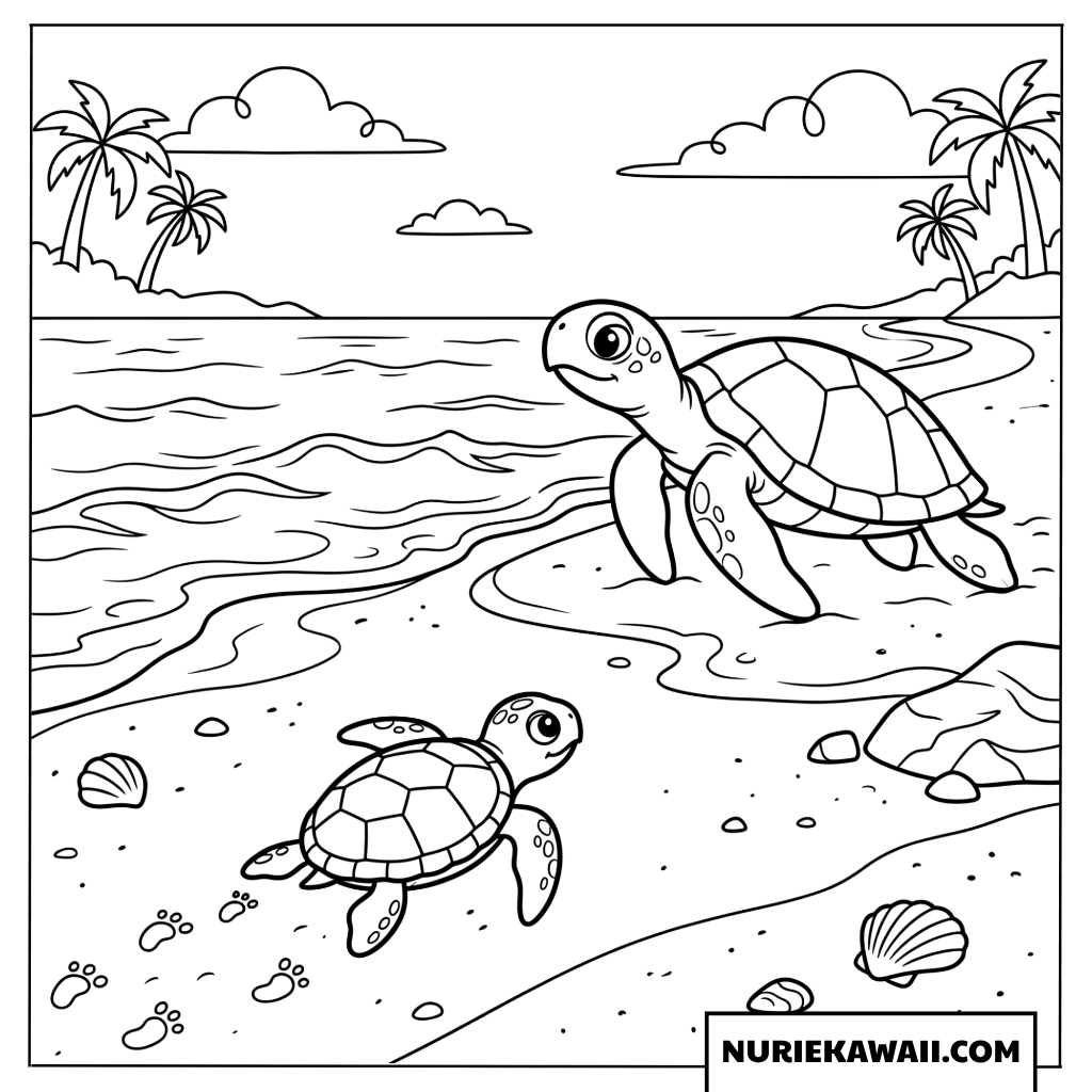 砂浜を歩くウミガメの親子と美しい海辺の塗り絵