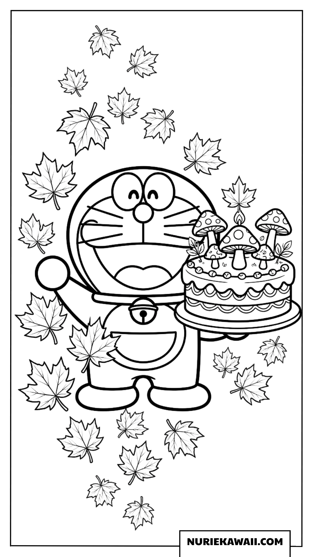 秋のもみじとキノコケーキを持つドラえもんの塗り絵