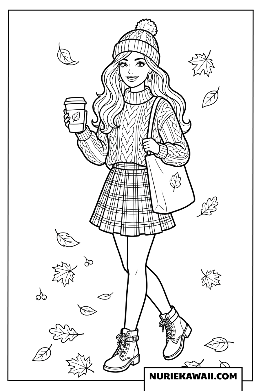 秋の公園を散歩するバービーのファッション塗り絵