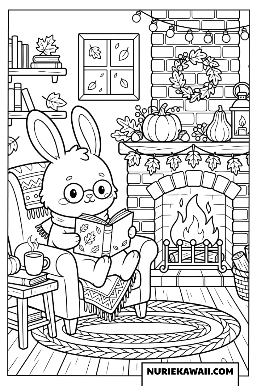 秋の日に暖炉のそばで読書をして過ごすうさぎの塗り絵