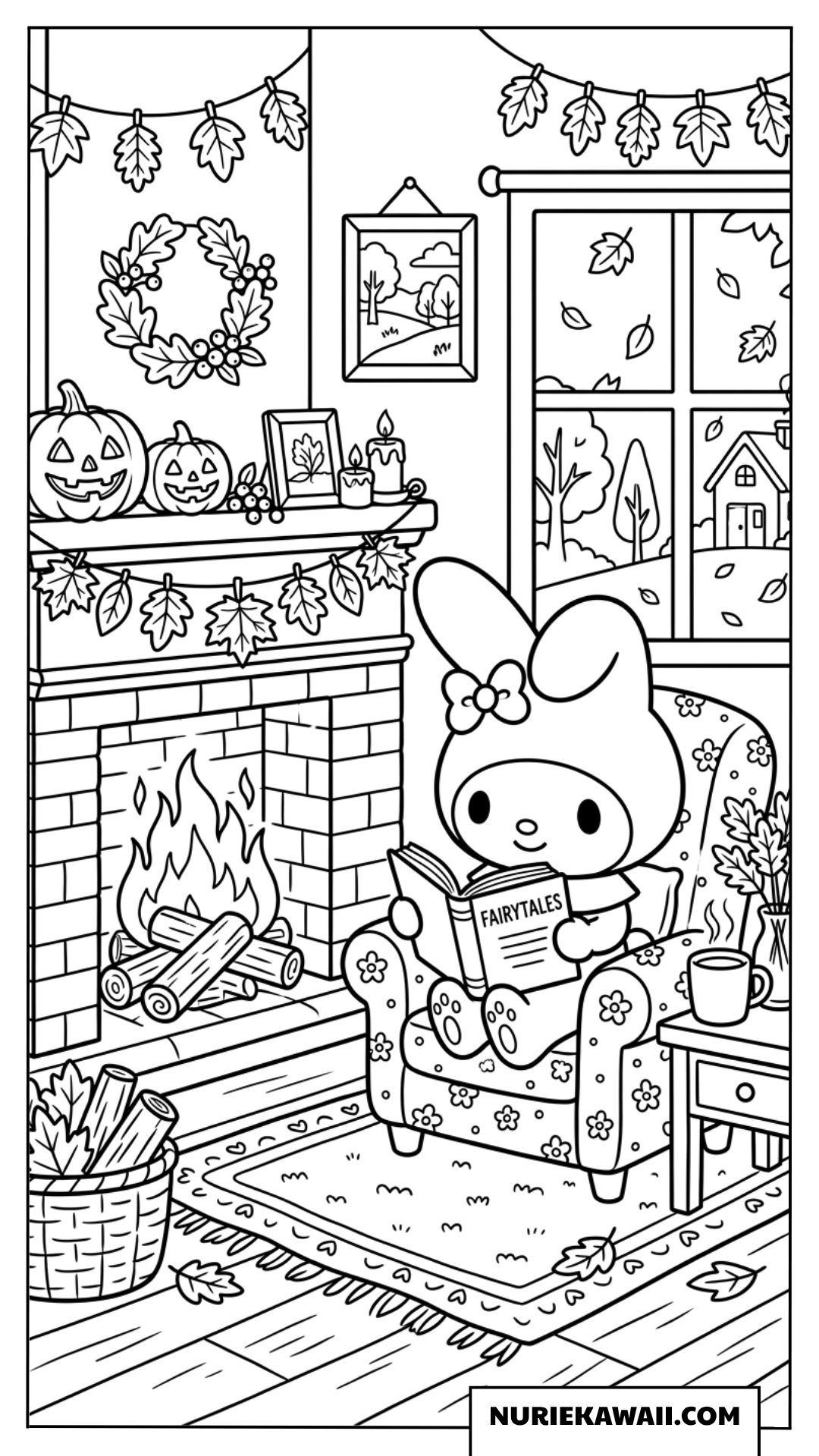 秋の暖炉のそばで本を読んでくつろぐマイメロディの塗り絵