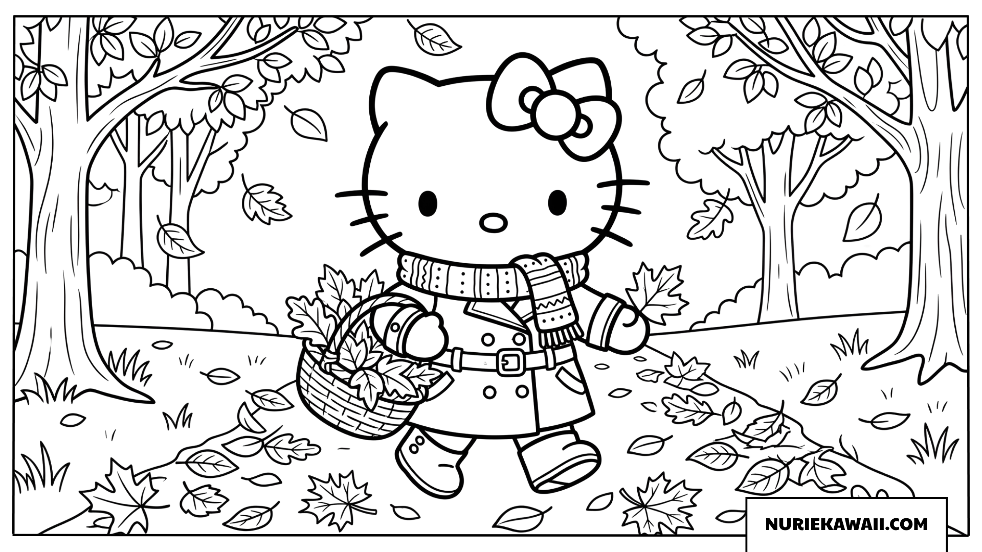 秋の落ち葉とお散歩するハローキティの塗り絵