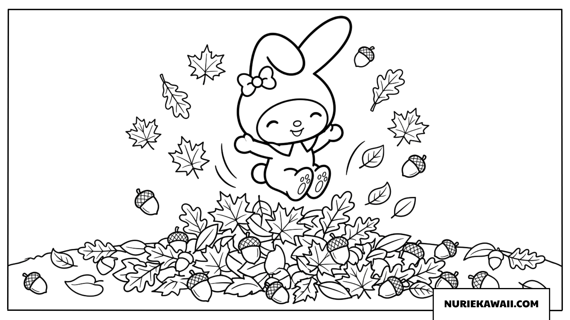 秋の落ち葉やどんぐりと遊ぶマイメロディの塗り絵