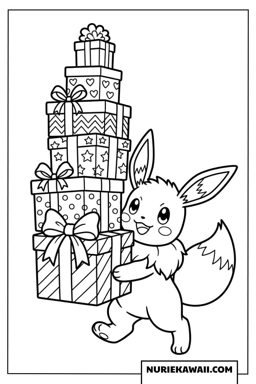 積み上げられた誕生日プレゼントを運ぶイーブイの塗り絵