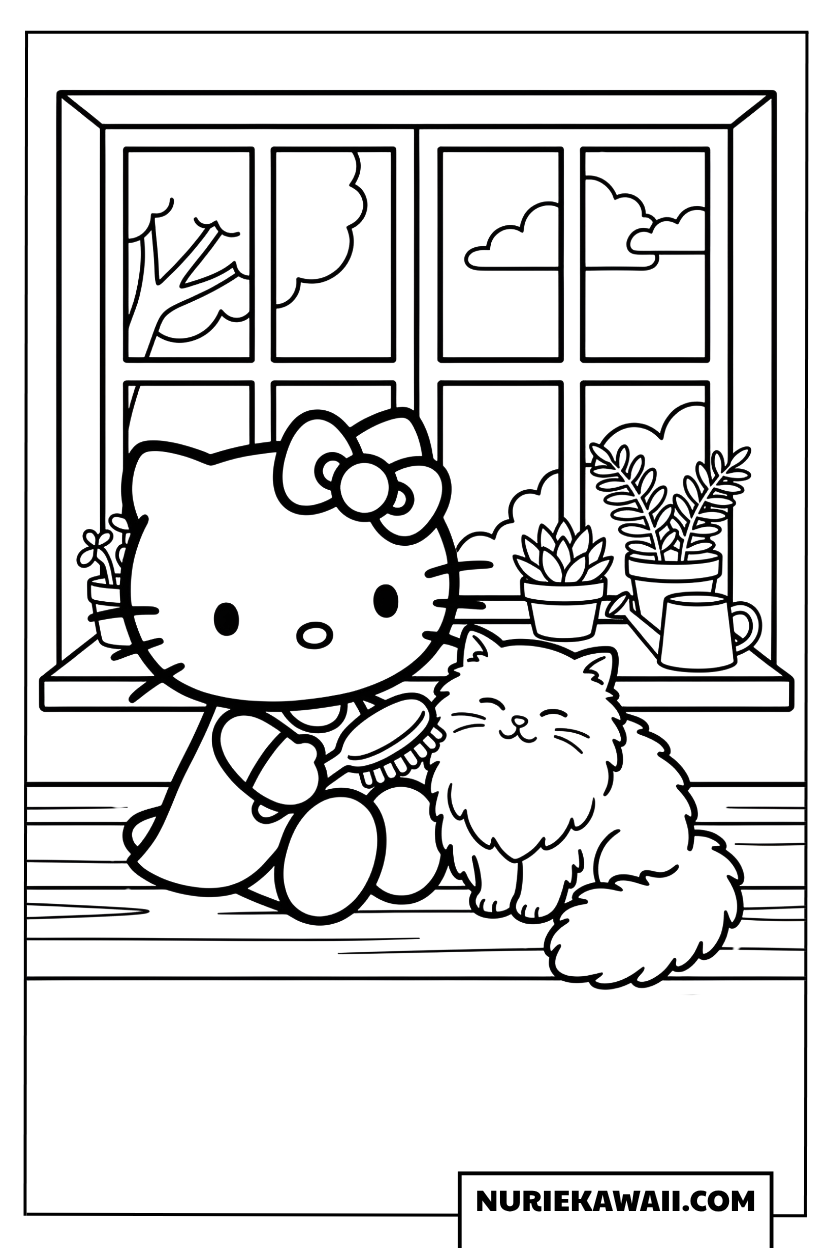 窓辺で子猫をブラッシングするハローキティの塗り絵