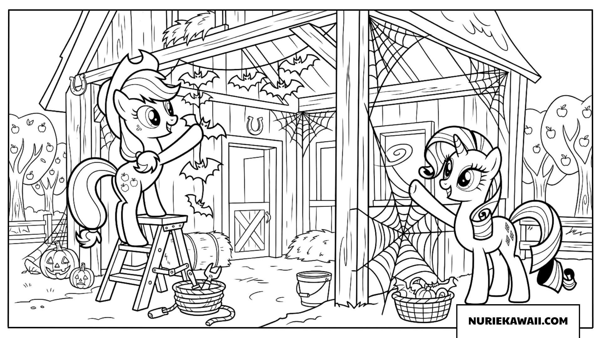 納屋をハロウィン風に楽しく飾り付けするふたりのポニーの塗り絵