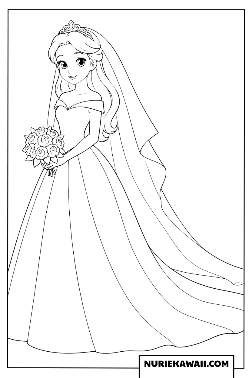純白のウェディングドレスを着てバラの花束を持つ美しいプリンセスの塗り絵