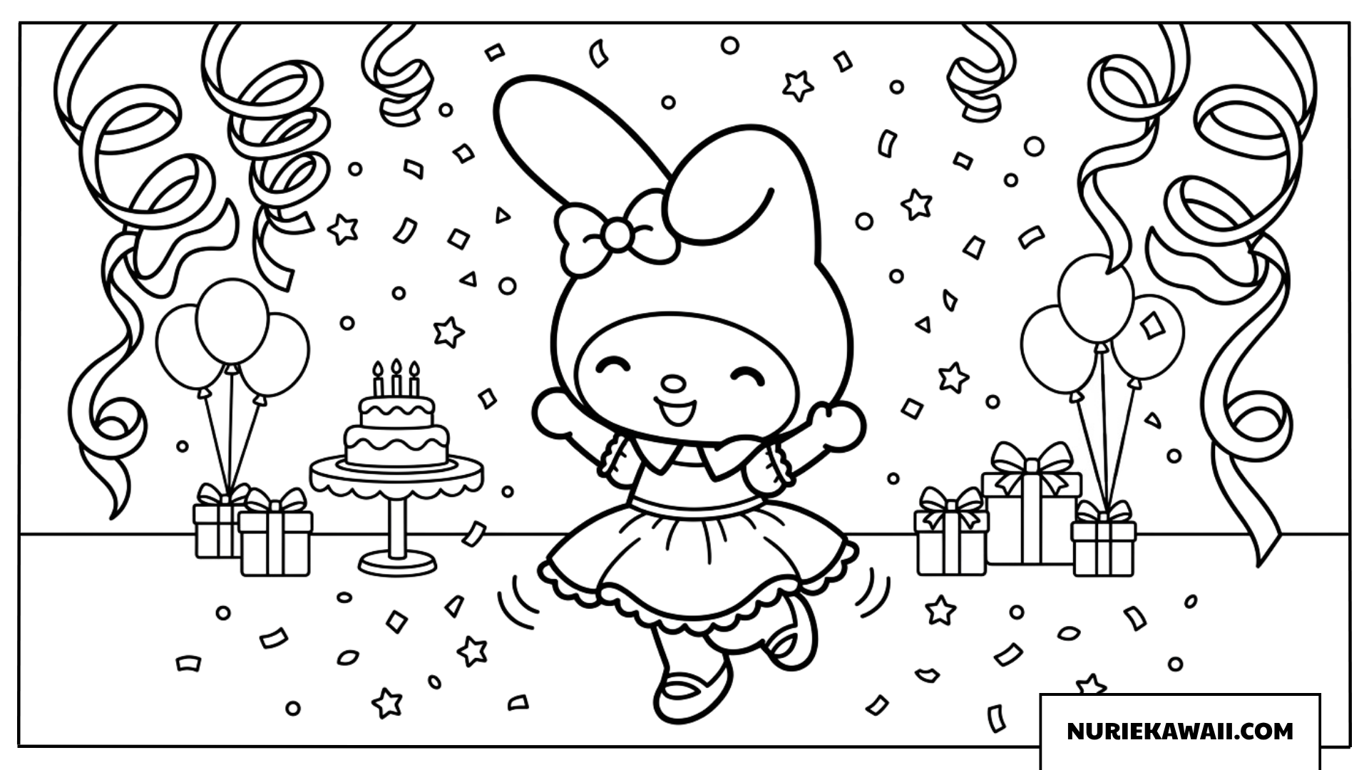 紙吹雪の中で楽しく踊るマイメロディの塗り絵