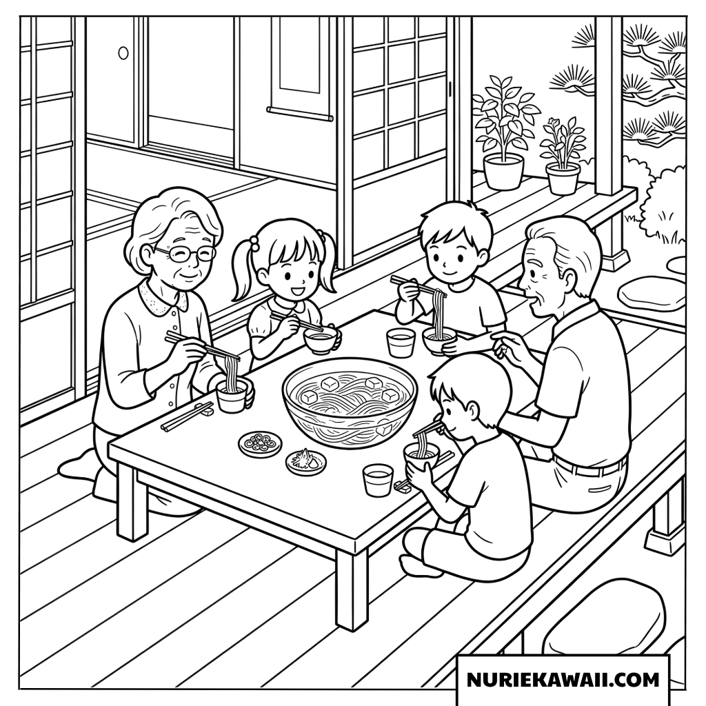 縁側で家族と一緒にそうめんを食べる夏の塗り絵