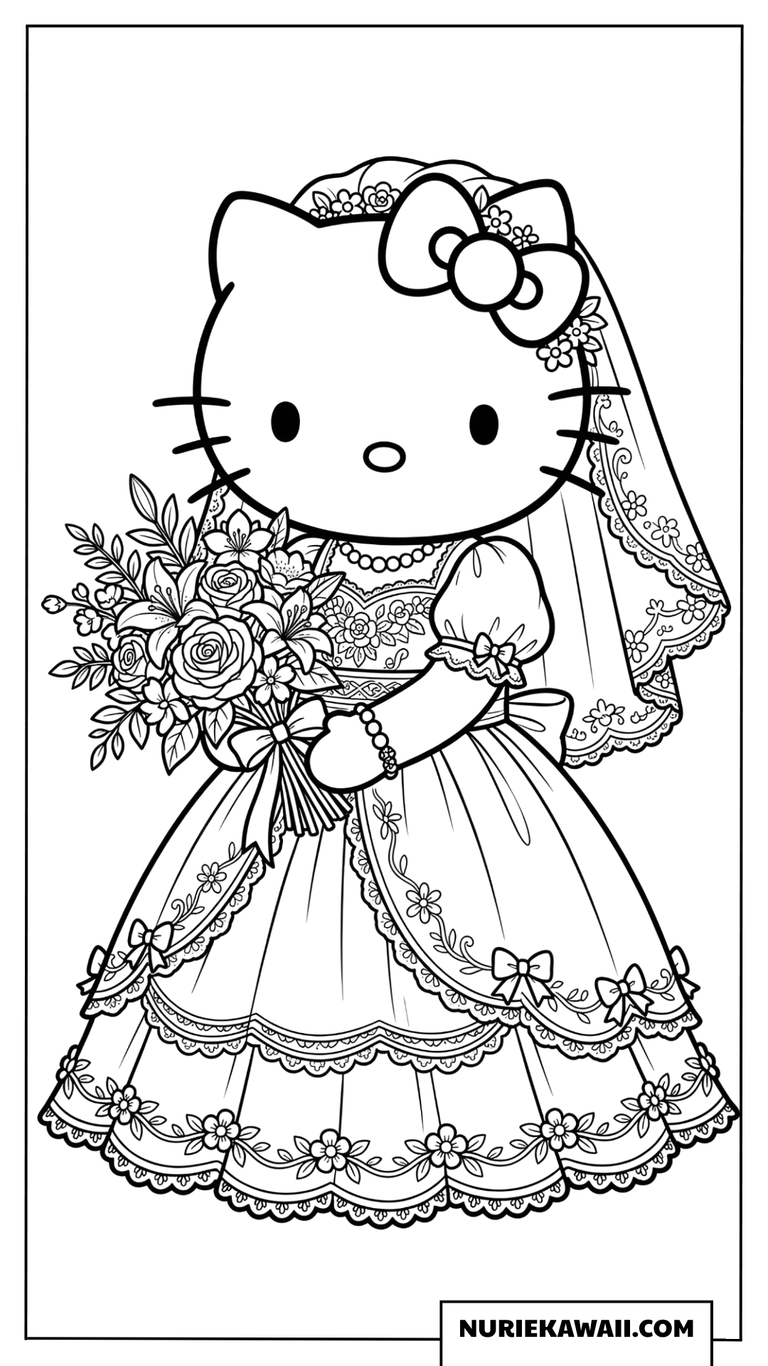 美しいウェディングドレス姿で花束を持つハローキティの塗り絵