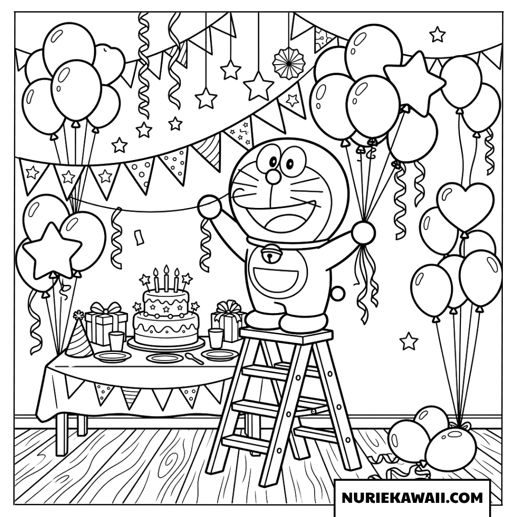 脚立に乗って誕生日の飾り付けをするドラえもんの塗り絵