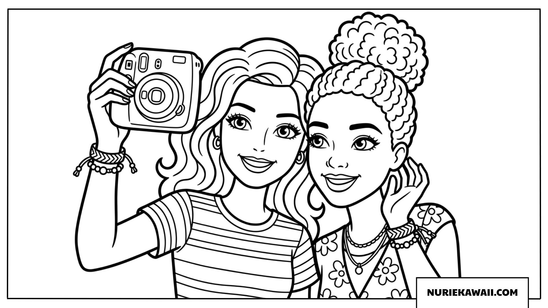 自撮りをするバービーとカーリーヘアの友達の塗り絵