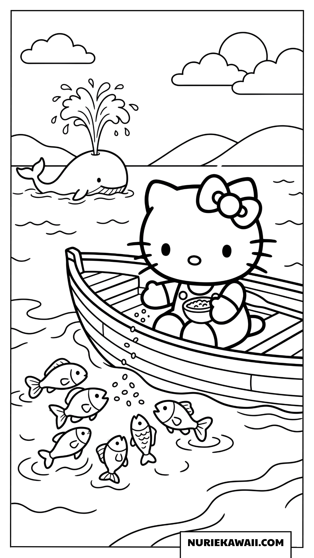 船の上で魚にエサをあげるハローキティの塗り絵