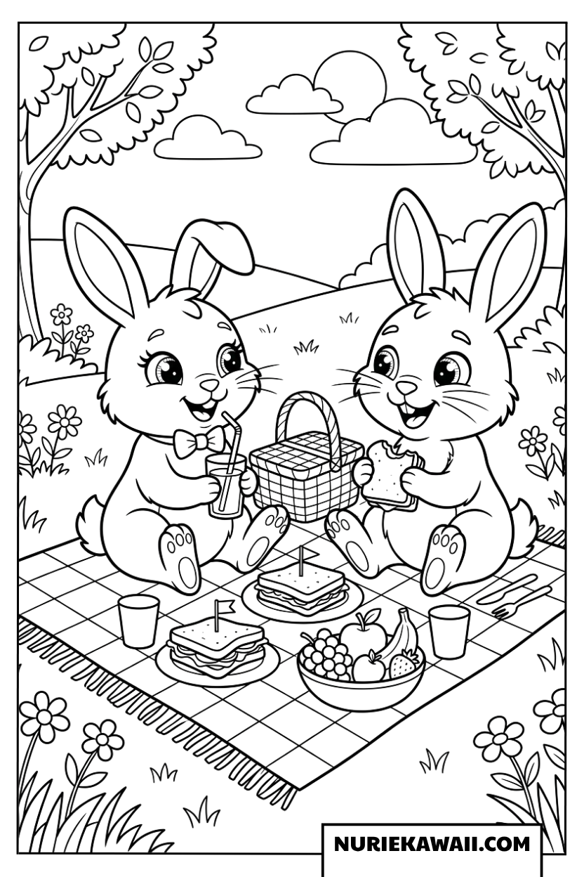 芝生の上でピクニックを楽しむ二匹のかわいいウサギの塗り絵