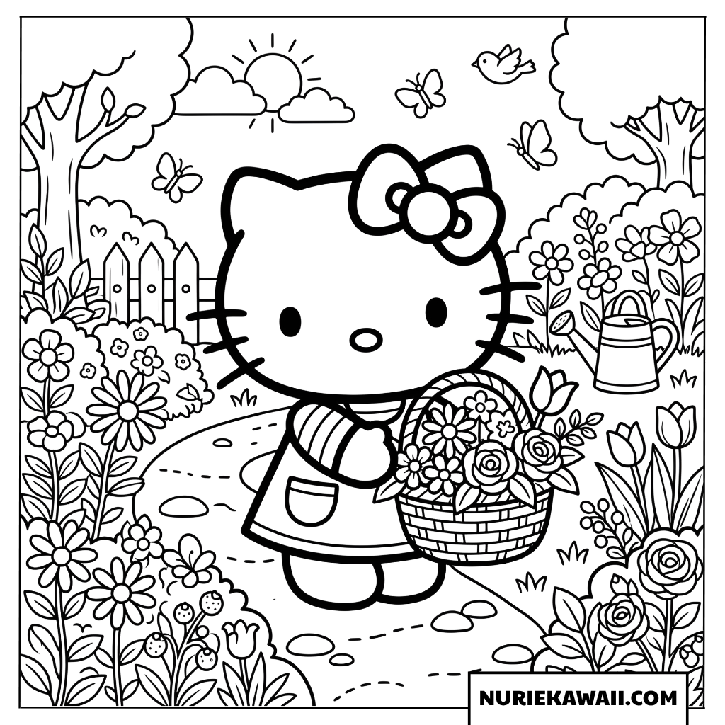 花いっぱいの庭で花摘みをするハローキティの塗り絵