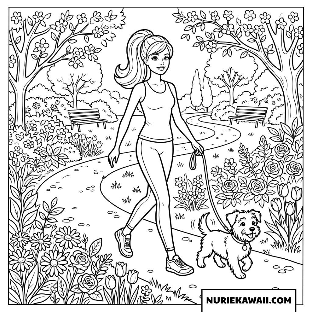 花が咲き誇る美しい公園で愛犬とお散歩をするバービーぬりえ