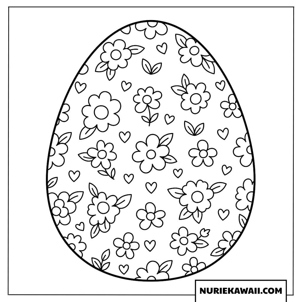 花とハートのイースターエッグ 塗り絵