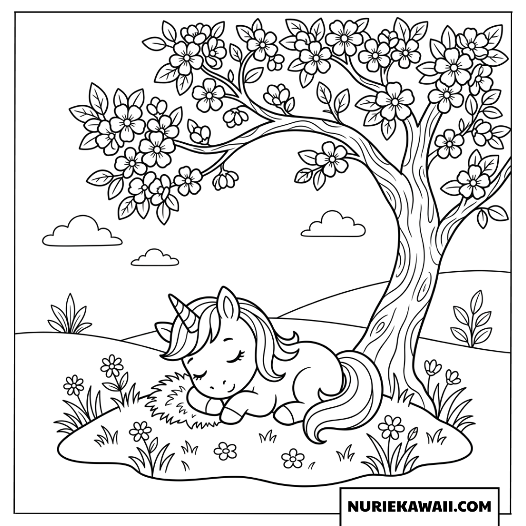 花の木の下で眠る子ユニコーンの塗り絵