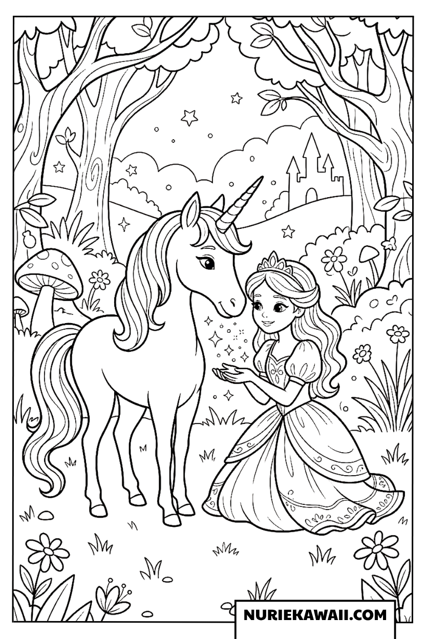 花の森の中のプリンセスとユニコーンの塗り絵