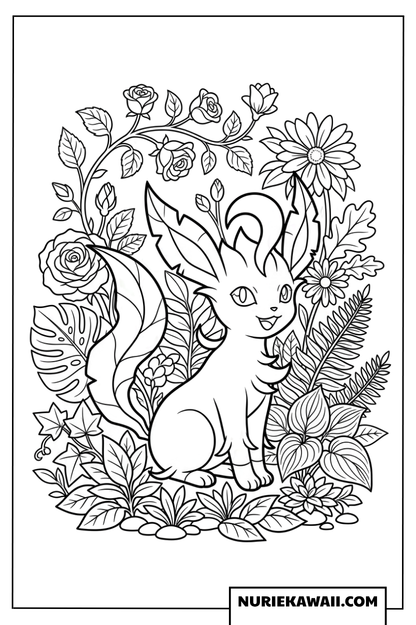 花や植物に囲まれて静かに座るリーフィアの塗り絵